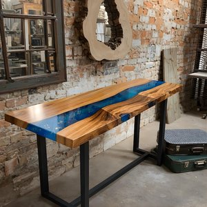 Table console rectangulaire en résine époxy Blue River, bois à bords naturels, meuble d'entrée fait main, accent moderne pour couloir, durable - Product Image 6