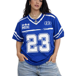 Camiseta Deportiva Personalizada Azul con Cuello en V para Mujer, Estilo Urbano, con Número Estampado, Venta al Por Mayor, Proveedor de Camisetas de Fútbol Americano - Product Image 4