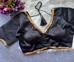 Stitched <b>Black</b> Pure Malai Silk <b>Satin</b> Crop <b>Blouse</b> Fancy Lace Work Women Ethnic Party Wedding Regular Fit Elegant Design LDB 85405 - Product Image 1