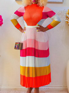 Robe longue décontractée africaine confortable grande taille pour l'automne, ensemble plissé imprimé à manches longues et blocs de couleur - Product Image 1