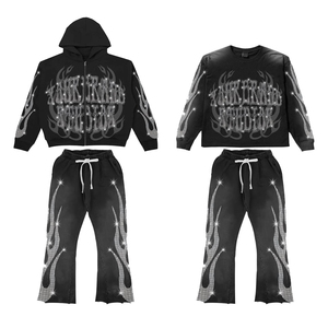 Ensemble de survêtement de luxe personnalisé en coton 100% épais, effet délavé, avec sweat à capuche zippé et pantalon de survêtement orné de strass pour l'hiver - Product Image 1