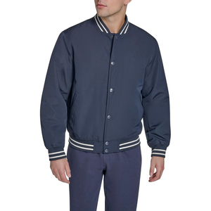 <b>Men's</b> Navy Varsity <b>Jacket</b> Solid Color Button Closure Turn-down Collar Casual Style Autumn Wear Regular Fit Polyester Material - Product Image 1