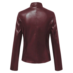 Veste Moto Femme Afernon en Cuir Véritable Respirante à Manches Longues avec Fermeture Éclair et Col Montant Style Automne Couleur Unie - Product Image 2