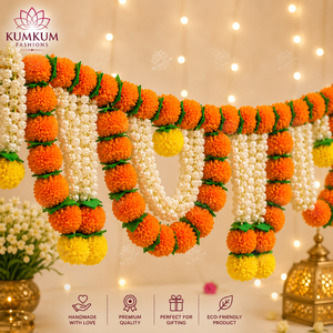 Toran de flores de caléndula art déco, hecho a mano en India, ecológico, de plástico ligero, para colgar en la puerta, para bodas, jubilaciones, Diwali, hogar - Product Image 1