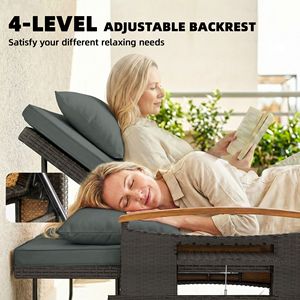 Lit de repos d'extérieur réglable en rotin avec dossier à 4 niveaux, accoudoirs en bois d'acacia, canapé-lit de patio gris mélangé avec ottoman de rangement - Product Image 4
