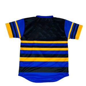 เสื้อเบสบอลลายทางสีดำพรีเมียม SGRho สำหรับผู้หญิง สีน้ำเงินทอง ปักอักษรกรีกแบบเชนิลล์ ติดกระดุม สไตล์สตรีทแวร์สปอร์ต - Product Image 2