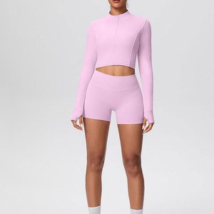 Ensemble de sport femme effet seconde peau couleur unie avec veste zippée à manches longues et short de yoga pour l'extérieur et la gym - Product Image 2