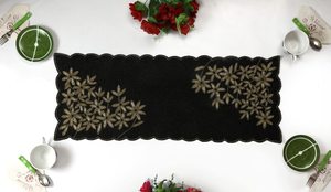 Rectangular Black Fabric Table Runner with Gold Floral Embroidery Handmade Classic Vintage Design Customizable Machine Washable - Product Image 4