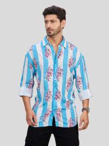Chemise décontractée pour homme à rayures bleues et blanches, imprimé floral, manches longues, col rabattu, respirante, en polyester, pour toutes les occasions - Product Image 5