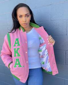 High Quality <b>Pink</b> Reversible Polyester Sleeves Varsity <b>Jacket</b> Full Sleeve Embroidery Snap Button Rider <b>Biker</b> Baseball <b>Jackets</b> - Product Image 6