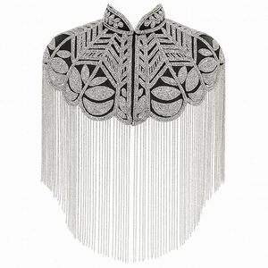 Top tipo capa con flecos y cuentas bordadas a mano para mujer, con cuello alto y adornos superpuestos, ideal para fiestas y espectáculos. - Product Image 1
