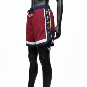 Shorts cortavientos de poliéster ligero de 130 GSM, color granate, blanco y azul marino, con bordado de logotipo personalizado para mujer. - Product Image 5