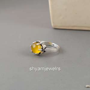 Natural Yellow Onyx 925 Sterling Silver 14K Gold Plated Ring | Cabochon Gemstone Crown Setting Boho Hippie Style Unisex Ring - Product Image 4