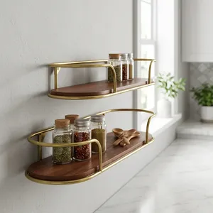 Brass Finish Metal Wall Shelf with Wooden Panel Decorative Floating Display <b>Rack</b> <b>Storage</b> Organizer for <b>Kitchen</b> Bathroom Entryway - Product Image 6