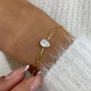 Bracelet chaîne en or massif 14 carats avec diamant de laboratoire taille poire 1,00 carat – Bracelet délicat et élégant pour femme - Product Image 3