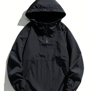 Men's Hooded Quarter-Zip Windproof <b>Jacket</b> Solid Color Casual Spring Wear Polyester Shell Outdoor Sport Coat - Product Image 1
