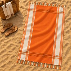 Toalla de Playa Kikoy con Diseño de Rayas Teñidas con Hilo y Borlas, Toallas Kikoy Turcas de Secado Rápido, Exportador de Toallas de Playa en India - Product Image 6