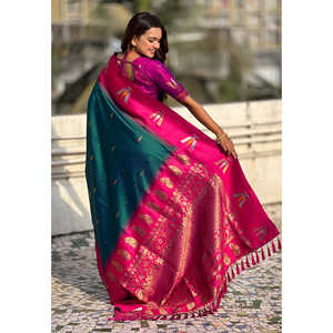 Green South Traditional Soft Silk Zari Woven Saree with Tilak Contrast <b>Scarves</b> & <b>Shawls</b> Product - Product Image 3