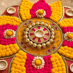 Décoration de Rangoli artisanale rose et jaune pour Diwali avec motif de fleurs pompon et porte-bougie pour la décoration de la maison pendant les fêtes - Product Image 2