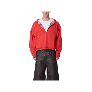Sweat-shirt à capuche zippé surdimensionné pour homme, rouge uni, en molleton de coton, décontracté, coupe classique, tricoté, pour l'automne - Product Image 1
