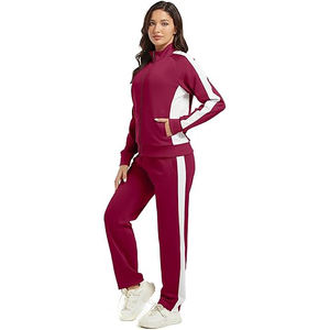 Chándal con cuello alto para mujer, mezcla de algodón y poliéster, diseño de bloques de color, chaqueta con cremallera completa, pantalones con rayas laterales - Product Image 2