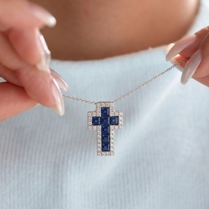 Quick Delivery Jewelry Special Design High End White Gold Natural Diamond & Sapphire Classic Cross Pendant Unisex <b>Gift</b> - Product Image 2