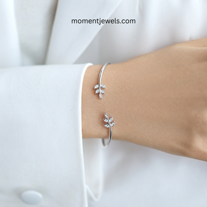 Antique Silver Leaf Open Bangle <b>Bracelet</b> Zircon Inlay Alloy Geometric Jewelry for Gift Party Wedding - Product Image 3