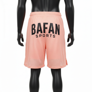 Shorts de sport pour homme en mesh de haute qualité, légers, en polyester, couleur pêche, avec poche latérale et logo thermocollé. - Product Image 2