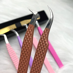 Precision Stainless Steel Eyelash Tweezers <b>Toothed</b> Tip Curved Pointed Extension <b>Tools</b> Brown Handle - Product Image 1