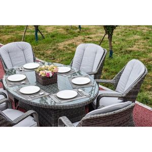 Set da Pranzo Ovale in Vimini Grigio a 7 Pezzi, Elegante Collezione di Mobili da Giardino - Product Image 6