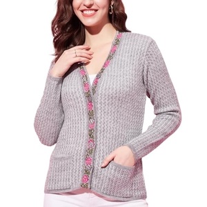 Women's V-Neck Floral Embroidery Knit <b>Cardigan</b> Full Sleeve Casual <b>Spring</b> 100% Acrylic Hand Knitted Open Stitch Sweater - Product Image 3