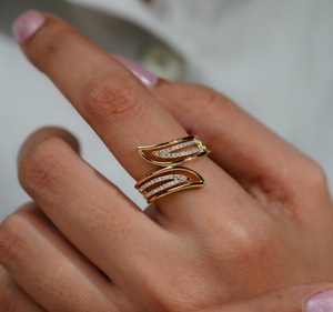 แหวนทองคำขาว 14K/18K ประดับเพชรแล็บโกรว์รูปใบไม้คู่ ดีไซน์คลื่น 0.5 กะรัต แหวนเพชรแบบปรับขนาดได้ เครื่องประดับสุดหรู - Product Image 3