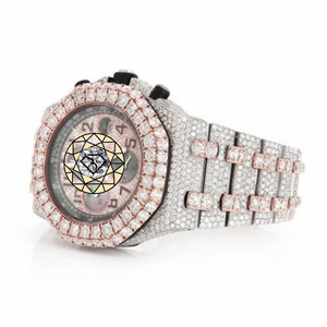 Reloj de Cuarzo Cronógrafo de Lujo con Cristales, Esfera Plateada en Tono Rosa, Estilo Diamante, Diseño Hip Hop, Correa de Acero Inoxidable para Hombre - Product Image 3
