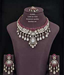 12641Green Kundan <b>Bridal</b> <b>Necklace</b> <b>Set</b> With <b>Earrings</b> Victortian Gold Plated Cubic Zirconia Jewelry For Wedding Women Trendy Style - Product Image 2