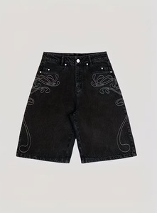 Shorts en jean noir pour homme, taille mi-haute, motif patchwork brodé, fermeture boutonnée, style urbain, anti-plis, coupe-vent, en tissu de coton - Product Image 2