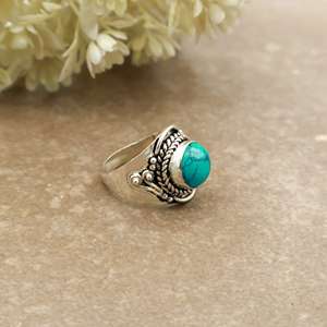 Brass S925 Sterling Silver Natural <b>Turquoise</b> <b>Ring</b> Handcrafted Vintage Boho Rope Border Statement <b>Ring</b> for Women - Product Image 2