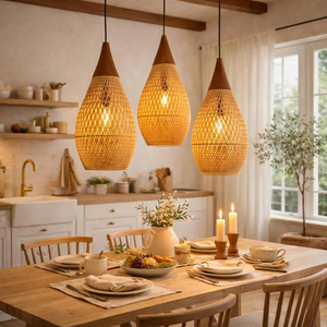 Minimalist Rattan Pendant Light 25cm Handmade Woven Bamboo Lampshade Natural Boho <b>Ceiling</b> Lamp Kitchen Dining Room - Product Image 1