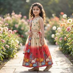 ชุดเลเฮนกาโชลีลายพิชไวแบบดั้งเดิมของชาวอินเดียสำหรับเด็กผู้หญิง  ชุดออกแบบลายวัวสีเบจแดงสำหรับงานเทศกาลและงานปาร์ตี้ - Product Image 2