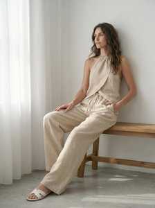 Women Solid Washed Vintage <b>Linen</b> Co-Ord <b>Set</b> Sleeveless Halter Top Wide Leg Pants Summer Resort Wear - Product Image 1