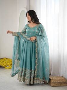 <b>Teal</b> Embroidered Silk Anarkali <b>Suit</b> With Dupatta Traditional Indian Pakistani <b>Women's</b> Floor-Length Wedding Dress Loose Fit - Product Image 5