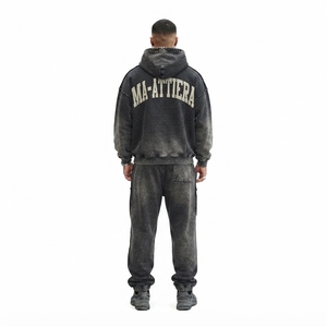 Conjunto de Sudadera con Capucha y Pantalones Deportivos Extra Grandes para Hombre, Color Negro Lavado, Algodón y Felpa, Ropa Deportiva Urbana, Venta al Por Mayor OEM - Product Image 2