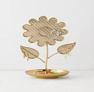 Three-tier golden metal <b>hook</b> jewellery display stand with sturdy rectangle wooden base, available at wholesale prices. - Product Image 5