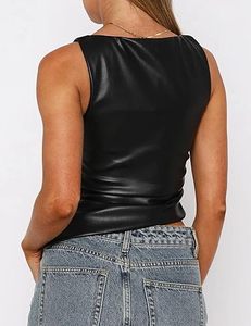 เสื้อกล้ามครอปท็อปหนังเทียมรัดรูปคอสูงแขนกุดสำหรับผู้หญิง - Product Image 3