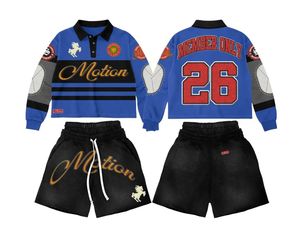 Ensemble de polo à manches longues bleu pour homme avec short noir, style streetwear, design sportif, imprimé numéro 26, polyester et élasthanne - Product Image 1