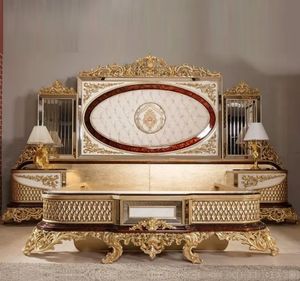 Oferta Especial: Juego de Dormitorio Nelligan de Lujo Moderno y Clásico con Cabecera Ovalada Dorada y Blanca, Estructura de Cama de Madera Tallada, Elegante - Product Image 1