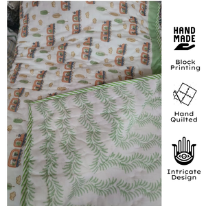 Cotton Quilt Set Reversible Cartoon Train Pattern Green Leaves Design All Season Home Travel Use Jaipur Hand Block Printed - Product Image 2