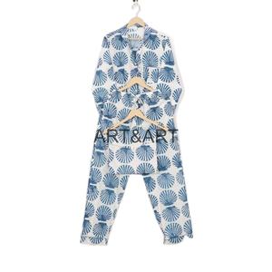 Conjunto de Pijama de Algodón 100% Hecho a Mano en India, Estampado Floral de Aves, Ropa de Dormir para Mujer, Vestido Azul, Ropa de Noche, Primavera, Sexy, Rápido - Product Image 1