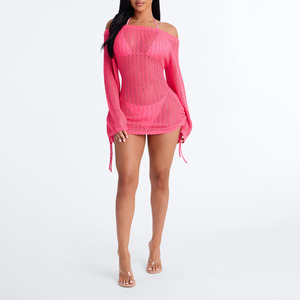 Summer Red Crocheted Mini <b>Dress</b> Women's Vintage Acrylic Mini <b>Dresses</b> Solid Color Ripped Loose Knit Jumper Sexy Sweater For Women - Product Image 3