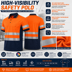 เสื้อโปโลเพื่อความปลอดภัยบนท้องถนนแบบขายส่ง OEM ผลิตจากโพลีเอสเตอร์ระบายอากาศได้ดี เหมาะสำหรับงานวิศวกรรม น้ำหนักเบา ซับเหงื่อได้ดี ผู้ผลิตชุดยูนิฟอร์ม - Product Image 1