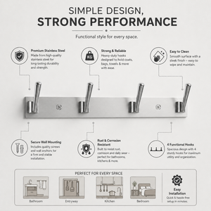 Premium SS202 Stainless Steel 4 <b>Hook</b> <b>Wall</b> Mounted Coat Rack Heavy Duty Rust Resistant Clothes Towel Hanger Modern Door Organizer - Product Image 5